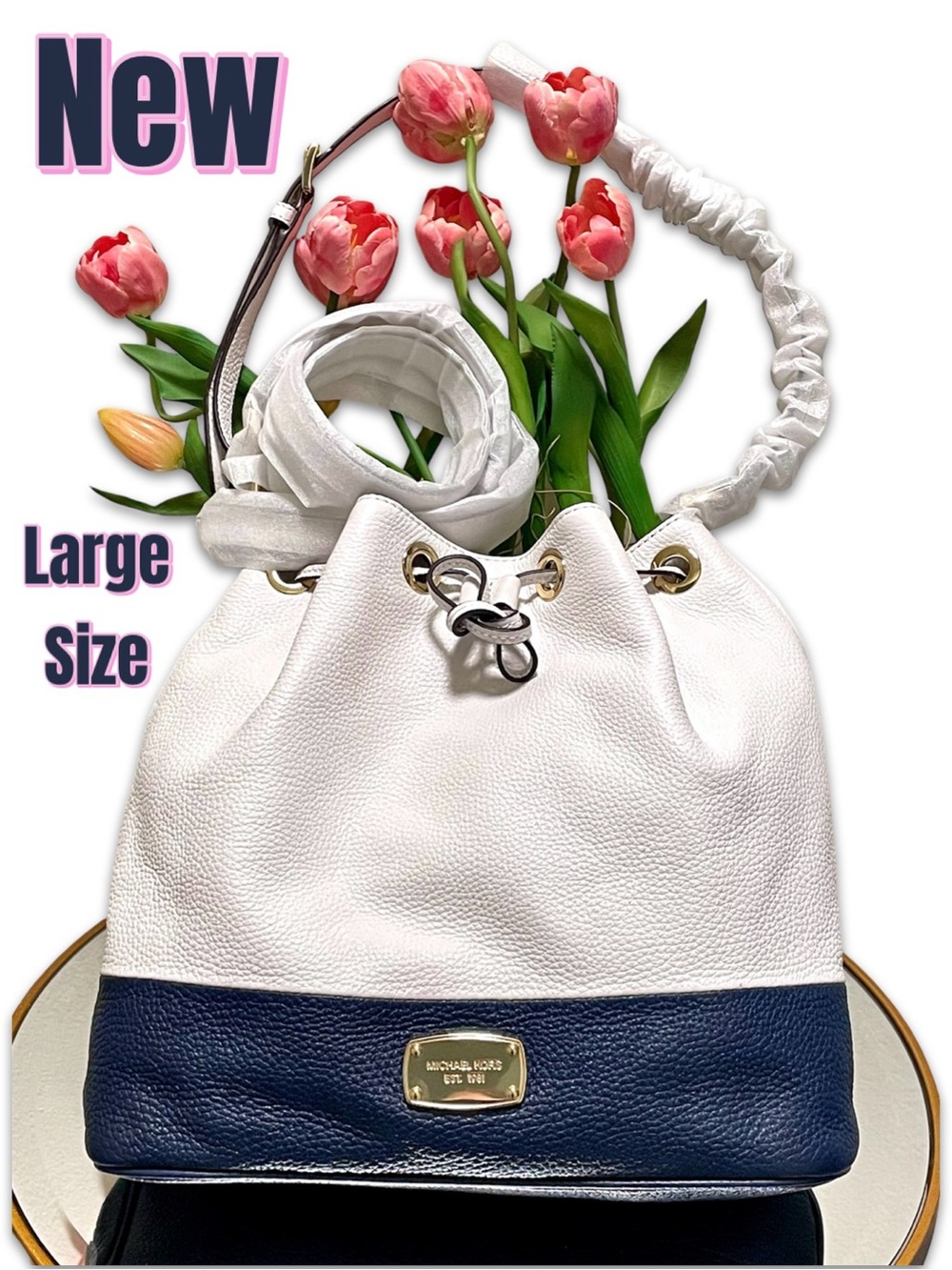 New Michael Kors White Navy Genuine Leather large convertible Bag nautical hobo